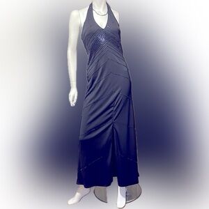 De Laru by Sheila Yen designer black Lined beaded maxi halter dress 5/6 Vintage